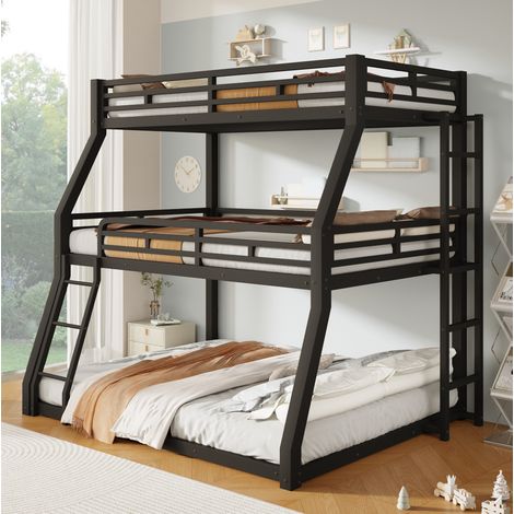 Litera triple 90/120/140 x 200 cm de metal negro con escaleras y barandillas (1/5)
