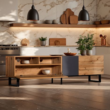 URBAN MEUBLE Buffet moderne aux couleurs contrastées avec grain de bois et gris (1/5)