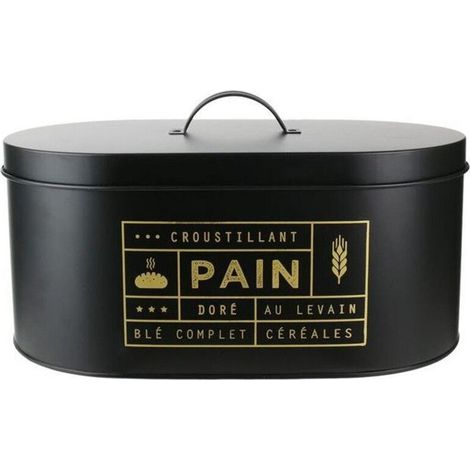 Boîte à pain en métal noir – Motifs dorés – Dimensions 34,5 x 20 x 18,5 cm – Capacité 6 litres – Rangement décoratif (1/5)