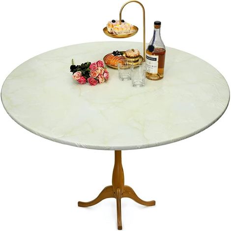 Nappe ronde ajustée en vinyle marbre, protection imperméable pour table jusqu'à 40-44 pouces, housse extensible avec bord élastique, nappe cirée antidérapante et facile à nettoyer, lot unique. (1/5)
