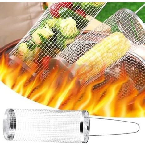Lot de 2 paniers à griller à roulettes, cylindres en acier inoxydable pour barbecue, parfaits pour les légumes, le poisson et les frites, et pour le camping. (1/5)