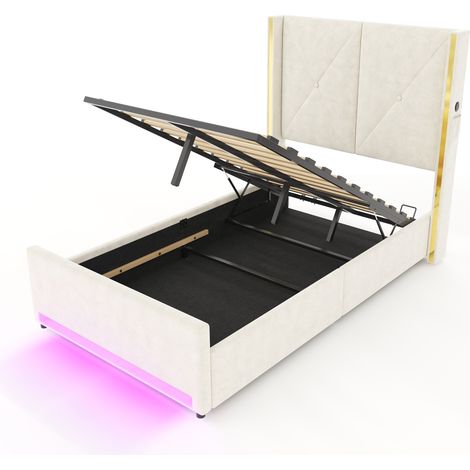 Cama con almacenaje en terciopelo beige 90 x 200 cm, cabecero alto acolchado, USB, LED (1/5)