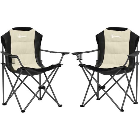 Lot de 2 chaises de camping pliantes avec dossier haut, porte-gobelet et sac de transport, en métal et tissu Oxford, pour l'extérieur, les pique-niques, la plage, le jardin, couleur crème.
