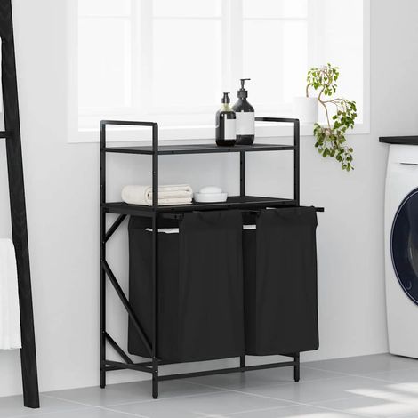 Cesto de ropa sucia de 2 compartimentos con estantes, roble negro
