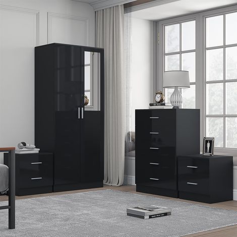 Reflect 2 Door Mirror Wardrobe, 5 Drawer Chest, 2x 2 Drawer Bedsides - Black Gloss & Black Oak - Modern Bedroom Furniture Set