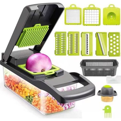Coupe-légumes multifonction 16 en 1 avec lames interchangeables en acier inoxydable, accessoire de cuisine pour trancher, râper et couper les légumes rapidement au quotidien (1/5)