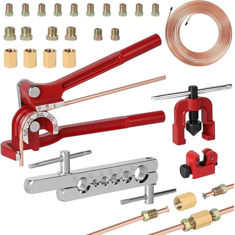 Kit Outils d'évasement de Tuyaux de Freins Embout Simple, Outils de Conduite Freins avec 7,6 m Tuyau Frein, Cintreuse Tube 0-180°, Mini Coupe-Tuyaux, 16 Raccords et 4 Connecteurs (1/5)