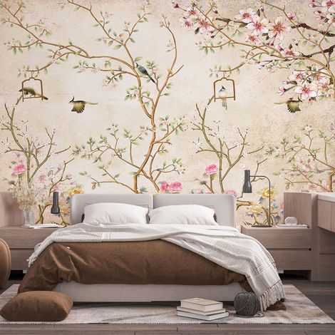 Papier peint panoramique - Fleurs Oiseaux - 130 cm x 80 cm (1/4)