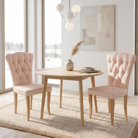 Lot de 2 Chaises Moyen Siècle - Chaise de Cuisine Rembourrée - Pieds Bois Massif et Rivets - Chaise rétro campagne, flanelle Beige