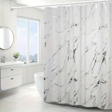 Rideau de douche simple en marbre argenté – 180 x 180 cm, lavable en machine, en polyester, avec ourlet lesté et 12 crochets (blanc)