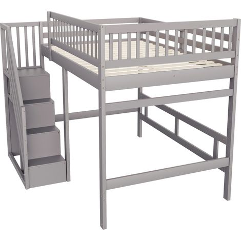 Lit en bois massif 140200, escalier avec rangements, garde-corps haut, lit pour enfant et ado, cadre de lit en bois massif, gris (1/5)