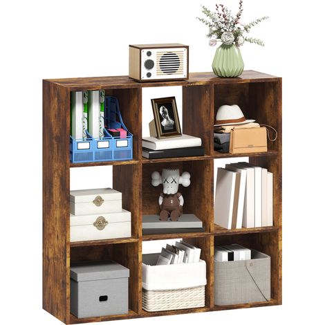 3-tier 9 Cubes Storage Unit Particle Board Cupboard Bookcase Organiser Home Office Shelves, Rustic Brown