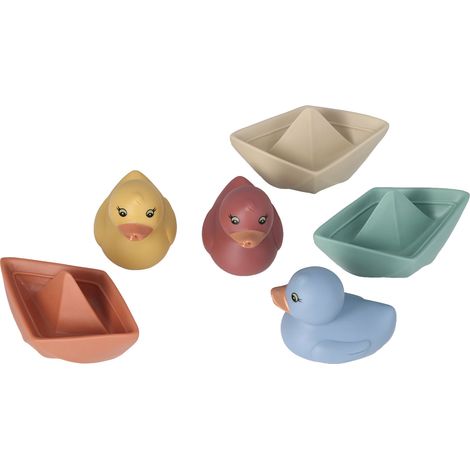 Lot 6 jouets de bain flottants en plastique, canard et bateau, blocs souples pour bébé et tout-petit (1/5)