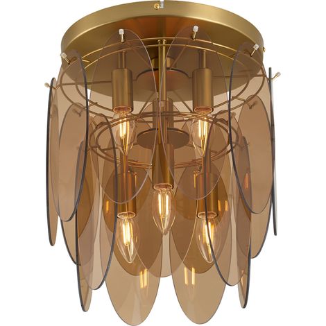 QAZQA Art Deco plafondlamp goud met amber glas ovaal 6-lichts - (1/5)