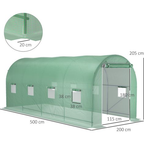 Serre tunnel verte avec ouverture pour tomates, 500x200x210 cm, abri de jardin pour culture potagère et plantes. (1/5)