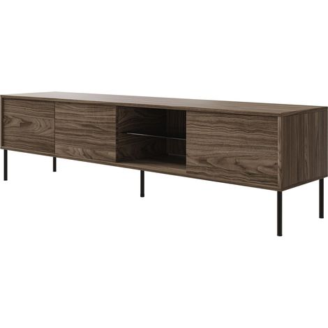 Selsey Modity - TV-Schrank 3-türig mit Glasregal und Beleuchtung, 175 cm, Holzoptik Nussbaum