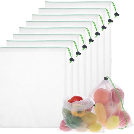 Sacs en Filet,8 PCS Sacs Réutilisables en Maille pour Fruits et Légumes Sac de Courses Pliables avec Cordon de Serrage Sac de Rangement Lavable pour Produits Frais Marché (1/5)