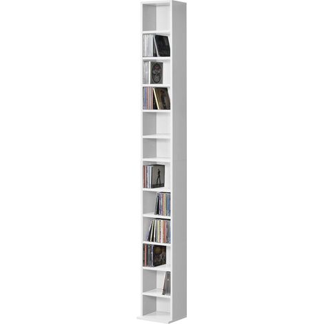 1 - Étagère CD - Meuble de Rangement - 12 Compartiments Réglables - Pour Médias et Décoration - Salon ou Bureau - Blanc - 175x20x20cm