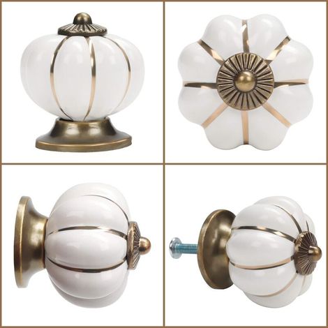 Tiradores de cerámica blancos y dorados para muebles con tornillos en forma de calabaza (paquete de 16) - 3,6 x 3,8 cm - Tiradores redondos vintage para muebles - Para el hogar, la oficina, armarios d (1/3)