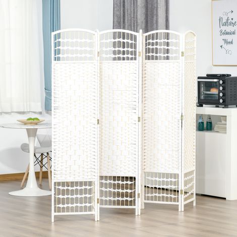 Paravento in legno 242 x 170 cm, divisorio pieghevole per ambienti, 6 pannelli, parete divisoria per camera da letto, casa, interni, bianco