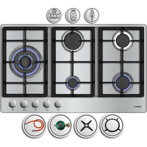 Phönix PS-901LT Gaskochfeld Gaskocher 5 flammig Propan / Erdgas + Set