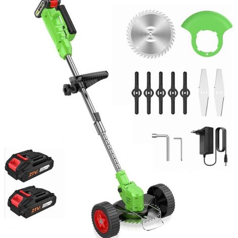 Debroussailleuse Electrique sans Fil 21V, Coupe Bordure sans Fil avec 2 Batterie et 3 Types De Lames, roulettes Amovibles, Réglable en Hauteur, tondeuse à gazon à batterie pour la tonte du jardin (1/4)