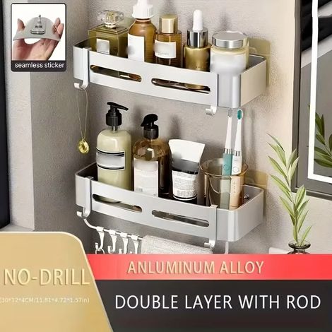 (2 Silver Square HR) 1 étagère de rangement murale d'angle en aluminium sans perçage pour salle de bain - Idéale pour ranger shampoing, gel douche et cosmétiques. (1/5)