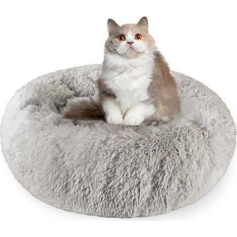 1 Lit pour chat, peluche douce, coton aéré, fond antidérapant, forme donut, repos hiver, gris foncé (1/5)