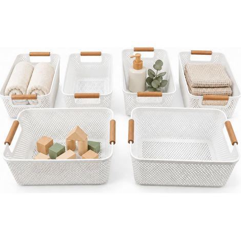 Relaxdays Cesta de almacenaje, set de 6, M y L, plástico, asas de madera, baño, niños y salón, multiusos, blanca (1/5)