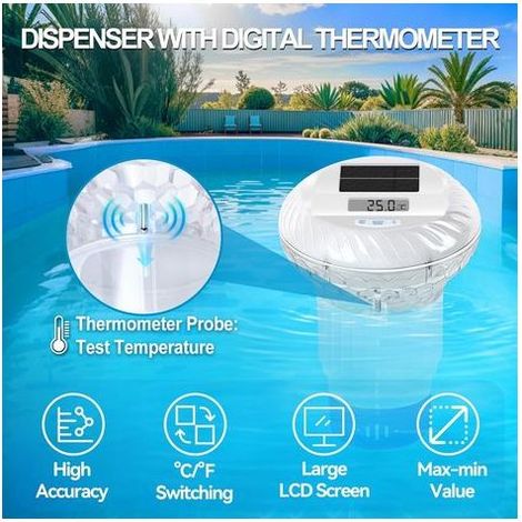Distributeur de Chlore Flottant avec Thermomètre,écran Numérique Diffuseur Piscine Lumière Solaire,Contrôle par Bouton Flotteur Piscine,Libération Réglable Doseur - (1/5)