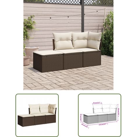 The Living Store Salon de jardin avec coussins 3 pcs marron résine tressée - Salon De Jardin - Mobilier De Jardin - Salon Extérieur - Ensemble De Canapés - Canapé D'angle (1/3)