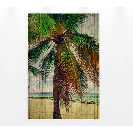 Tableau jungle & plage pour couloir | Tableau plage tropicale avec palmier | Tableau été effet bois idéal salle de bain & cuisine 0,6 x 0,9 m (1/5)