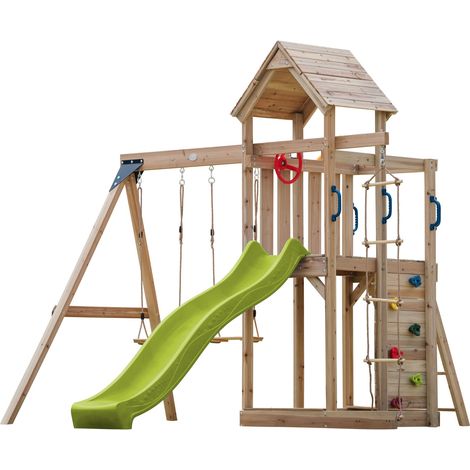Axi Moos Aire De Jeux En Bois Avec 2 Balançoires, Echelle En Corde, Toboggan Vert Citron / Aire De Jeux Extérieur Balançoires/ Bac À Sable/Mur D'Escalade  Portique Balançoire/Jeux En Bois Extérieur