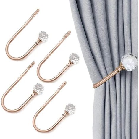 Lot de 4 embrasses de rideaux en forme de U avec boule de cristal transparente – Décoration murale – Or rose (1/5)