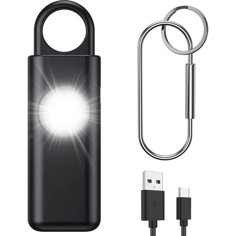 Alarme de Poche, Sirène Anti Agression 130dB avec Lumière LED, Alarme Personnelle d'urgence Porte-clés, Alarme de Sécurité d'autodéfense USB Rechargeable pour Femmes/Enfants/Seniors, Noir (1/5)