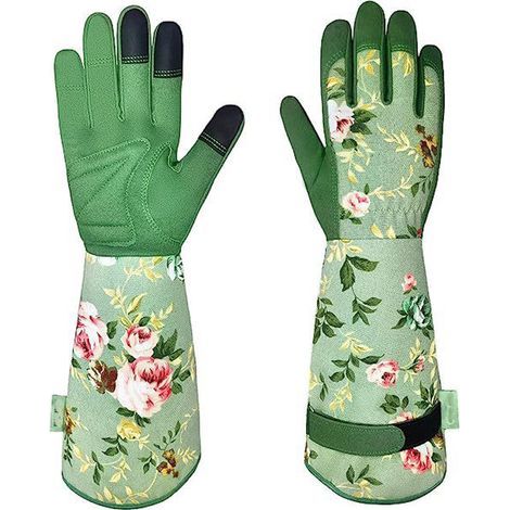 Gants de jardinage, gants de jardinage longs, résistants et confortables pour femmes, adaptés au jardinage et aux travaux de jardinage, gants de jardinage en cuir pour femmes, imprimé vert. (1/4)