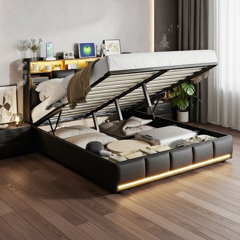 Polsterbett Doppelbett 140x190 cm mit hydraulischem Stauraum,  Modernes Jugendbett mit LED-Beleuchtung und USB, Bettgestell mit Kopfteil und Lattenrost, PU Schwarz, Ohne Matratze