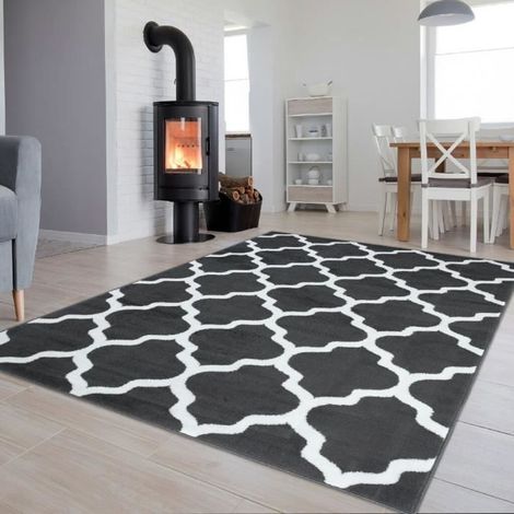 1 pièce Tapis salon polypropylène, poils ras 80 mm, motif géométrique gris foncé-blanc, 160x220 cm, intérieur moderne (1/4)