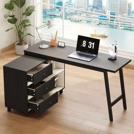 Bureau d'angle en MDF et métal 150 x 100 x 76 cm noir et blanc avec 3 tiroirs et 2 niches (1/5)