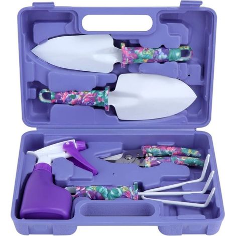 5 Pièces Outils de Jardinage avec Boîte de Rangement avec Transplantoirs Ciseaux Herse Anti-Rouille Pulvérisateur(Violet)