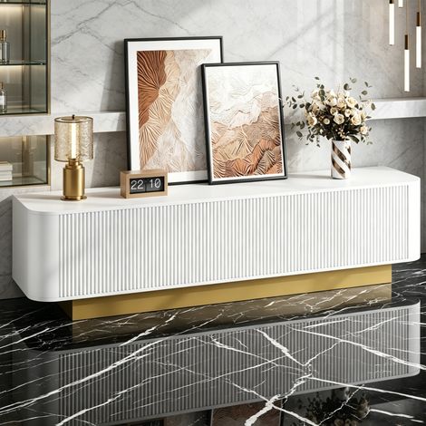 Meuble TV blanc - Meuble TV 3 portes avec rangement - design arrondi - Meuble de salon moderne - Meuble television (1/5)
