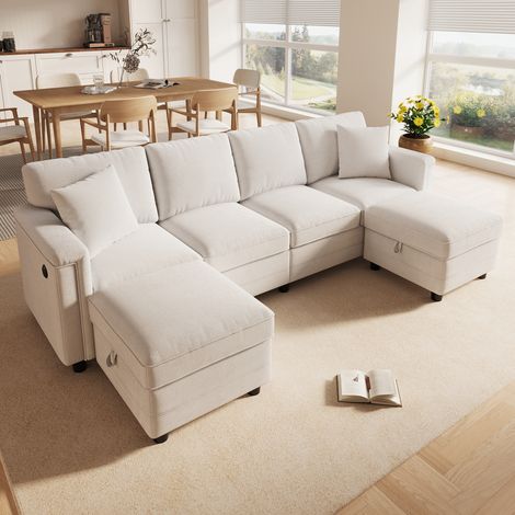 Canapé Panoramique Modulable 6 Places 261x134x82 cm, Forme U/L, 2 Poufs Coffres, USB/USB-C, Ressorts Ensachés, Chenille Beige (1/5)