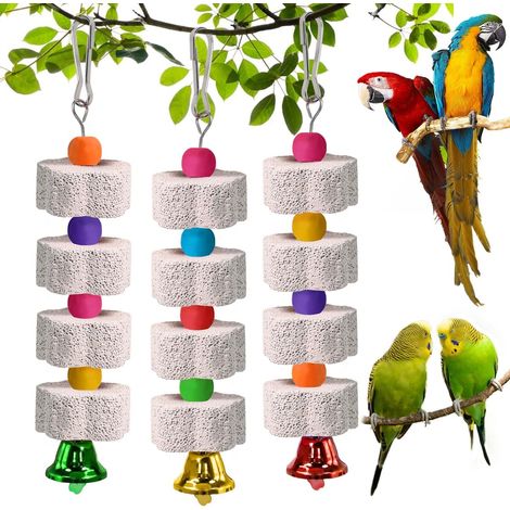 Juego de 3 juguetes masticables para pájaros: piedra para afilar el pico, juguete con cascabel, piedra mineral para pájaros, juguete para periquitos, loros y cacatúas. (1/5)