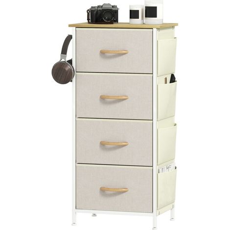 Commode 4 tiroirs en tissu. meuble de rangement avec 4 poches. 2 crochets. structure en acier. 45 x 30 x 94.5 cm. beige