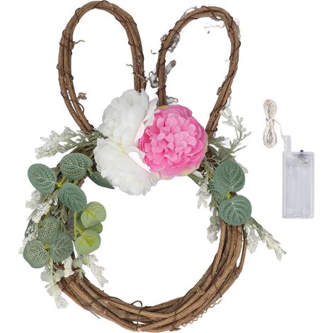 Couronne de Pâques en rotin, guirlande florale artificielle printanière, décoration de porte avec guirlande lumineuse et lapin, ornée de fleurs artificielles et de rubans lumineux. Décoration pour la  (1/5)