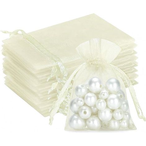 Pochettes cadeaux en organza beige, 7 x 9 cm, petits sacs à dragées en organza, 100 pièces, pochettes à bijoux de mariage (1/5)