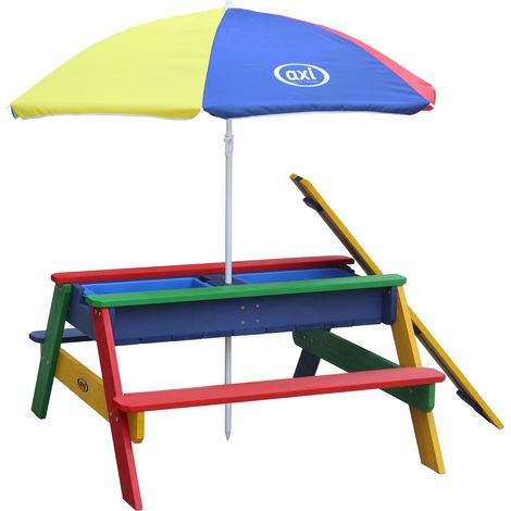 Axi Nick Table Sable Et Eau / Pique Nique Avec Parasol En Bois Multicouleur 95 X 97 X 48 Cm Avec Couvercle, Boîtes De Rangement & Parasol Extérieur Pour Le Jardin