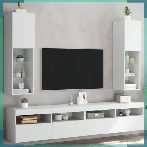 Meuble TV - 837016 - Blanc - Lumières LED - Lot de 2 (30,5×30×102 cm) (1/5)