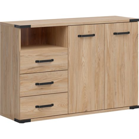 Buffet commode de rangement 2 portes, 3 tiroirs et une étagère coloris Frêne / Noir - Longueur 130 x Profondeur 40 x Hauteur 88 cm (1/5)
