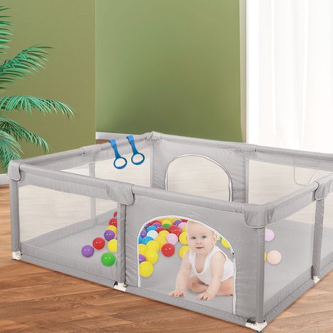 Parque Infantil Bebe con Alfombra Plegable, 150x200cm Parques de Juegos para Bebé con Malla Transpirable, 4 Ventosas de Goma, Gris